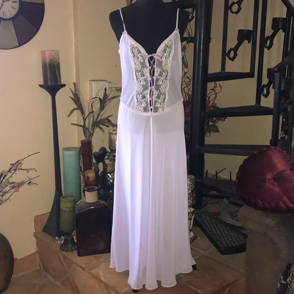 Lilac Chiffon Sheer Lace Feminine Elegant Long Maxi Nightgown Slip Dress Chemise